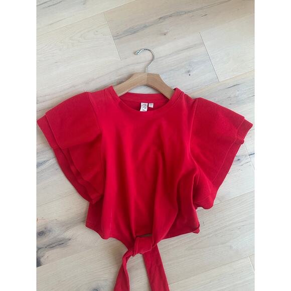 Womens Red Tops Size Small Ruffled Sleeves Cropped Front Tie Dolan Anthropologie - Picture 9 of 10